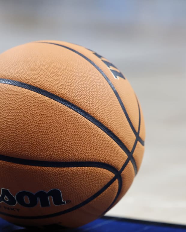 Mar 19, 2023; Columbus, OH, USA; A game ball sits on the court in the game between the Fairleigh Dickinson Knights and the Florida Atlantic Owls at Nationwide Arena.